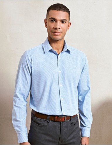 P-PR220-Mens Microcheck (Gingham) Long Sleeve Cotton Shirt